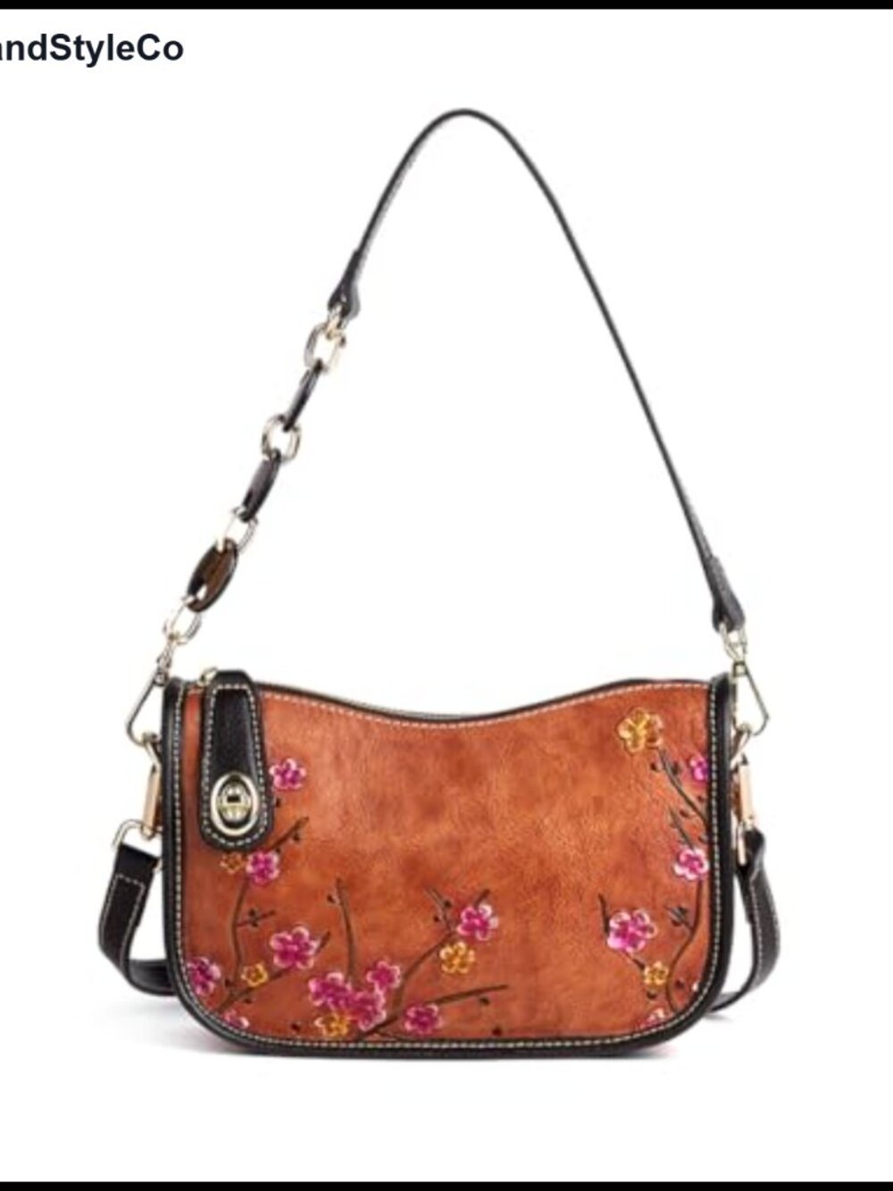 Vintage Genuine Cowhide Leather Shoulder Bag Floral Embossed Crossbody